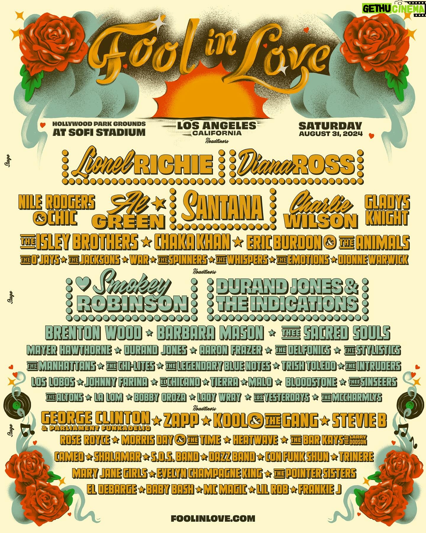 Carlos Santana - 4.7K Likes - Just announced - Santana will be at the
@foolinlovefest at Hollywood Park Grounds 8/31. Visit https://foolinlove.com for more info. Register now for Presale that starts Friday, February 16th at 10 AM PT.