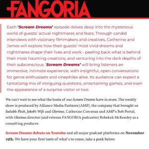 Catherine Corcoran Instagram - If you haven’t already, make sure to catch Scream Dreams in @Fangoria! A special thanks to @horrorgirlprobs and @philnobile for premiering our hair-raising Teaser. Get ready for a hauntingly good time as we extend Spooky Season well into November! 😱🛏️

#podcast #spookyseason #horrorpodcast #fangoria #podcastaddict 

A @film_amp Production