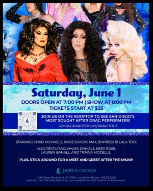 Chad Michaels Instagram - San Diego!! Pride is on this weekend June 1st at @jamulcasinosd with #DragItOut and your Host @parissukomimax !!! It’s going to be an amazing night on the rooftop at #jamulcasinosd so join us for a spectacular show!!!

Tickets Available at: 
JamulCasinoSD.com/ DragItOut