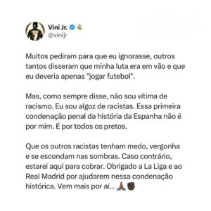 Chico César Instagram - é isso @vinijr: fogo nos fascistas!

#Repost @eduardosuplicy
・・・
Em decisão inédita e histórica, a Justiça da Espanha condenou a oito meses de prisão três torcedores do Valência acusados de proferirem insultos racistas contra @vinijr em um jogo no ano passado. Importante vitória para as populações negras ao redor do mundo que lutam diariamente contra o racismo e seus efeitos na sociedade. Estádios de futebol devem ser espaços de alegria e diversão, sem ofensas e sem discriminação.