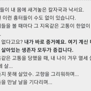 Choo Mi-ae Instagram - 1. 일국 대통령이 “100년 전 일로 (일본에게) 무릎 꿇어라는 것을  나는 수용 못 한다”라고 국민 가슴에 또 염장을 지르고 미국으로 날랐다. 

2. 국권을 뺏어가 민족이 걸어가는 역사를 비틀고,
강토를 강탈해 수십 년간 민족이 굶주림에 시달리는 생지옥을 겪어야 했고, 
어린 소녀는 낯선 남방 나라로 끌려가 성노예를 강요당하고, 남자들은 탄광으로 비행장으로 끌려가 노예처럼 일하고도 귀향도 못한 채 생매장 당해 고혼이 되어 떠돌고, 
만주로 연해주로 언 발 언 손도 아랑곳하지 않고 오직 나라 먼저 되찾겠다고 이역만리에서 목숨과 청춘을 다 바친 애국선열들의 넋이 저 말 한마디에 
대성통곡하고 있다. 

3. 위안부 할머니에게는 “일본 사과 반드시 이끌어내겠다”라고 했던 
1년 전 자신이 한 공언도 아무렇지 않게 뒤집어버리는 인격이니, 100년 전의 일을 뭉개는 것 정도 대수롭지 않다는 것인가? 

4. “일본군들이 내 몸에 새겨놓은 칼자국과 낙서요. 내 몸에는 이런 흉터들이 수도 없이 있습니다.
이 흉터를 볼 때마다 그 지옥같은 고통이 한없이 되살아납니다. 증거가 없다고요? 내가 바로 증거예요. 살아있는 생존자 모두가 증거입니다. 그 지옥같은 고통을 당했을 때 내 나이 겨우 13살 이었습니다. 죽지 못해 살았습니다. 고향을 그리워하며... 내 가족 만날 날을 기다리며 ...”

부정하는 일본인, 증거가 없다는  친일미국인을 향해 그 위안부 할머니가 미 의회에서  수치를 참아내며 숨기며 살아왔던 맨살을 드러냈다. 바로 윤대통령처럼  역사적 치매에 걸린 사람들 때문이었다. 

 “아이캔스픽”이라도 호텔방에서 본다면 왜 ‘반인륜범죄에는 소멸시효가 없다’고 대법원이 판결했는지 깨달아질 것이다. 

5. 간 쓸개를 다 빼주고 외교는 포기하고 접대받는 이벤트만 하는 자리가 대통령직이 아니다.