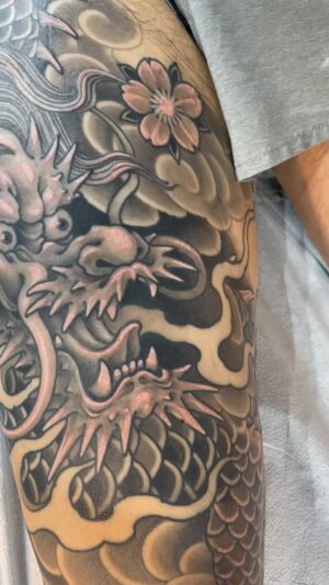 Chris Garver Instagram - Fancy leg sleeve tattoo for Tony.
#dragon #dragontattoo #legsleevetattoo  #legsleeves #blackandgreytattoo #thesolidink