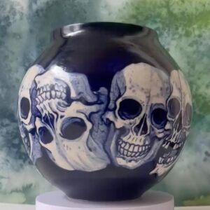 Chris Garver Instagram - Here is a new one I glazed last week. There is another design on the inside that is too difficult to photograph.
If you’re interested, there is a link in my bio. Vase made by the amazing @risaasama 
#pottery  #ceramicart  #ceramic #porcealin #delft #blueandwhitedecor #blueandwhitehome  #skulls #skull  #skullart