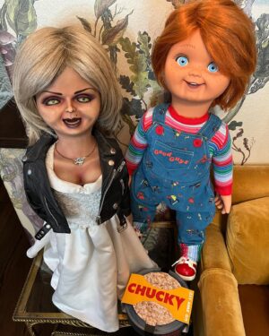 Chris Hardwick Instagram - Happy Halloween!! We were sent this amazing Chucky doll from the new @syfy series and we were able to reunite him with Tiffany! This particular Tiffany doll was actually IN a couple of the Chucky films so it is a momentous reunion on this Halloween night!! Thank you @syfy, @ChuckyIsReal, and @realdonmancini!! #Chucky #FriendsTillTheEnd #Halloween