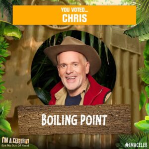 Chris Moyles Instagram - Your votes mean Chris will be reaching ‘Boiling Point’ in tomorrow’s trial!

Join us back here tomorrow at 9pm on ITV1 and STV as things are about to get hot and steamy 🥵🔥 #ImACeleb