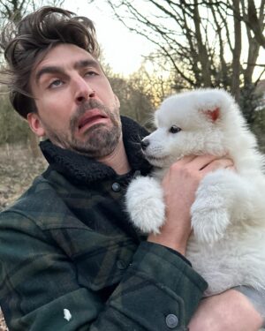 Chris Taylor Instagram - Fellow humans…This is my son, Socks 🐶 & looking at photo 5 & 6 he’s had enough of my sh!t already. Strong side eye 🤨

Hobbies include sh!tting wherever he damn pleases & barking at me when I sh!t (he’s fairly unreasonable). His favourite food is 48 month matured doormats & pop socks. Loves a power nap & wants to be a professional cloud when he grows up. Thought I’d introduce ya… 

Officially a daddy now so lock up your great aunties sisters