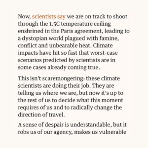 Christiana Figueres Instagram - The despair expressed by climate scientists this week isn’t scaremongering - they are doing their job. They are telling us where we are, but now it’s up to the rest of us to decide what this moment requires of us and to radically change the direction of travel. 

My piece in the @guardian yesterday.
#stubbornoptimism