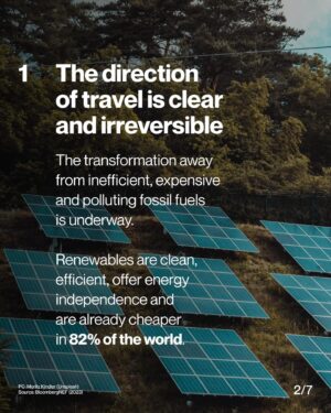 Christiana Figueres Instagram - Do you find yourself flipping between conflicting emotions these days? From outrage to optimism, fear to hope and everything in between... you’re not alone. 

As the world approaches the halfway point in this decisive decade, two things are true at the same time: 

1️⃣ The energy transition is in full swing: 
Costs for clean technologies are plummeting, progress is speeding up every year and fossil fuel demand is dying.

2️⃣ Despite this progress, we’re not moving at the speed required. 
Next year governments will submit updated national climate plans (NDCs) to the UN - these plans must close the current ambition gap and reflect the progress already underway.

👉 Can we hold both these truths close, so that we can embrace all the feelings and take the action required to get ourselves on track for a cleaner future?

👉 We can. It is absolutely possible and we are totally capable.

Swipe to see why the transformation is unstoppable - and let us know how you feel after reading this 👇

Want to find out more? Follow the link in our bio for a full insights pack - co-created by a wide array of partners across the climate community - to see the latest data on positive signals of change as well as priority areas for action on the road to COP30 in Brazil.