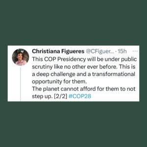 Christiana Figueres Instagram - This is the 'Volkswagen 2015' moment for the 
#COP28 Presidency. Caught red handed, the Presidency has no other option but to now unequivocally step up the transparency, responsibility and accountability with which they lead the process. 

This COP Presidency will be under public scrutiny like no other ever before. This is a deep challenge and a transformational opportunity for them. 

The planet cannot afford for them to not step up.