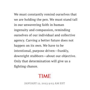 Christiana Figueres Instagram - The pen of history has been passed from nature to humanity - what new story will we write?

Read more in my article in @time today, part of the special edition ahead of #Davos2023