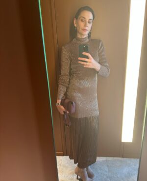 Christiane Paul Instagram - Thanks for having me @hermes.
What a fantastic show by Nadège Vanhee-Cybulski…
.
.
#thankful #paris @hermes #fashionweek 
#dress #boots and #bag by @hermes
#earrings @sophiebuhai 
#styled by @andreaspeterkrings
