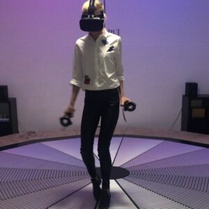 Christine Marzano Instagram - Traversing the universe on a digital catwalk😎Testing out our assets in an immersive experience with an omnidirectional, not at all restrictive, treadmill. It’s bananas! #dnablock #XR #femalefounders @omnifinity @rustltd #omnidirectional #womenintech #avatars #thefutureofentertainment