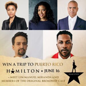 Christopher Jackson Instagram - IG]: ✈️I've teamed up with @lin_manuel to bring 10 LUCKY WINNERS and their  1 to see @hamiltonmusical in Puerto Rico! Use #Ham10x10 and tag who you'd bring as your  1 below.
 
You'll be treated to a pre-show reception and VIP photo-op with me and some of the Original Broadway Cast, including the incredible @arianadebose, @reneeelisegoldsberry, @leslieodomjr, and, of course, ME! Then, join us for an unforgettable post-show celebration with the current ANGELICA cast and crew.
 
Donate $10 or more at WinHamiltonPR.com to enter and support the Flamboyan Arts Fund and @hispanic_federation.