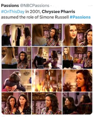 Chrystee Pharris Instagram - I can’t believe it was 23 years ago this month that my first episode of Passions aired. Look at my facial expressions. I was like, “This girl is crazy and why is she jumping into the fire.😂 #FlashbackFriday #Passions #SimoneRussell