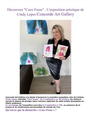 Cindy Lopes Instagram - Je vous donne rdv pour un évènement exceptionnel à la @concorde_art_gallery à Paris 15e pour l’expo « Coco fesse ». Ma vision contemporaine de la féminité ❤️ Dès le 06/09 (ça ne s’invente pas 😉). Merci à Élodie R. pour ce joli communiqué de presse 😘. De nombreuses personnalités me feront l’honneur de leur présence au vernissage le 09/09 🍾