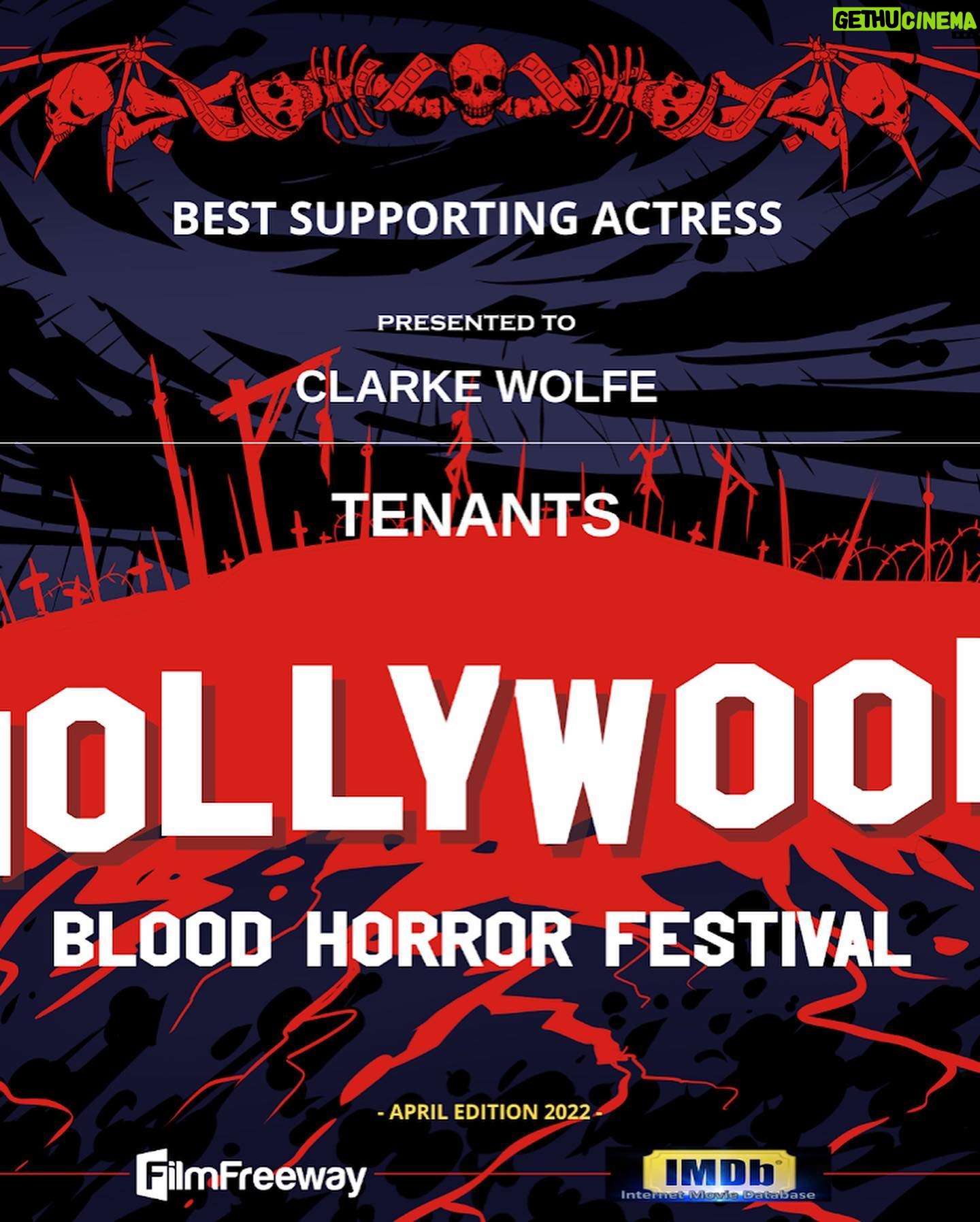Clarke Wolfe - 835 Likes - Oh wow! Thank you @bloodhollywood for the Best Supporting Actress award for the “Need Anything?” segment in TENANTS! 🥹 Congratulations to the entire TENANTS team and thank you as always to @fayna.bo.byna for being the best scene partner anyone could ask for. 🖤 Stay tuned for details on where to see it in 2024! In the meantime, swipe for more bloody BTS… #horror #anthology #hollywoodbloodhorrorfestival #bestsupportingactress #screamqueen #tenants #needanything
