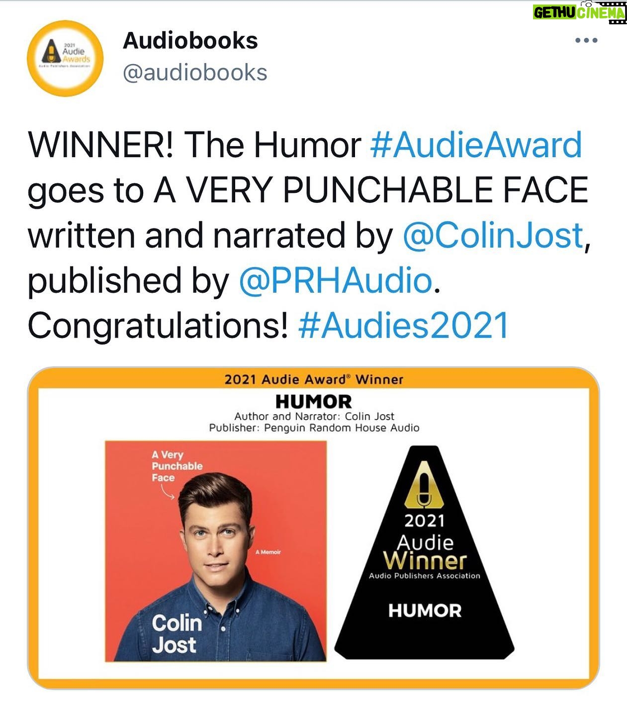 Colin Jost - 24.1K Likes - Whoa. I just won an Audie for best audiobook (humor). Not only was I honored just to be nominated, I was honored that they classified it as humor. You never know. Plus one of my favorite writers @davidsedarisbooks announced the winner and one of my favorite novelists Jennifer Egan was a judge. I’m really grateful to everyone who listened to the book and voted. This might be the first individual award I’ve won since Least Improved Swimmer 1998
#audies2021