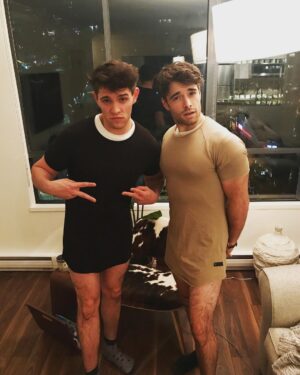 Corey Cott Instagram - Hey my dudes. Question for you. You know when you have that thought - “Man, I just wish my shirt was 16 inches lower than normal...” or also the thought - “Geez, if only I could just cover my glutes with the bottom of a skirt-shirt” Well - YOU’RE IN LUCK. @caseycott and I are announcing our new clothing line “The Low Stuff.” Just a bunch of shirts that go super low and cover up those bangin glutes. No more feeling insecure about the top of your thighs, or wondering “Shoot - is she gonna notice my spasming glute from my squat pump today?” Also, our fabric allows a refreshing draft throughout the flow of the skirt. Never again will you exhaustingly exclaim “I NEED A LOW WIND DRAFT STAT!” Our inventory is very limited. It includes these two shirts, and that’s it. They cost $10,000,000 each. And if you buy them in the next 24 hours - congrats! Come cover those thighs, guys!