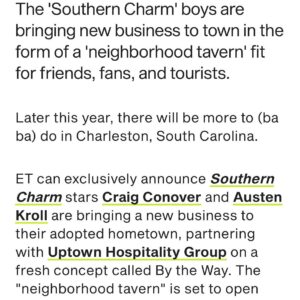 Craig Conover Instagram - Oh… & BTW… 🔉

We’re thrilled to announce our newest partnership with buddies @krollthewarriorking & @caconover! After years of friendship with the @bravosoutherncharm vets, it only made sense to join forces! 🤝

With a shared loved of Charleston & the hospitality biz, partnering on an elevated local tavern right off of King St. seemed like an absolute NO BRAINER. 

We can’t wait to bring you updates on our newest concept as it continues to unfold! 

#BTW #ByTheWay