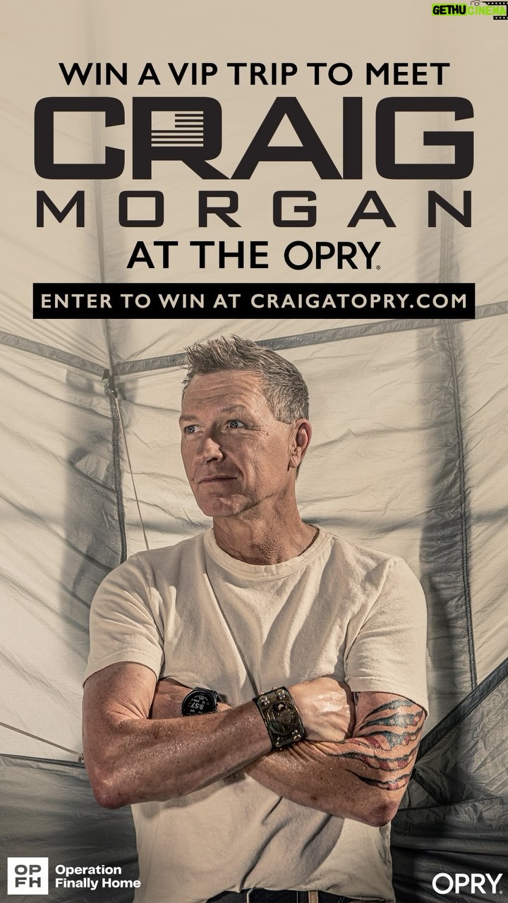 Craig Morgan - 1.1K Likes - We are flying one lucky fan and a friend out to Nashville to join me, @cmorganmusic at a Grand Ole Opry show! You’ll get a backstage tour, prime seats for the show, and we’ll cover your flights and hotel.
🇺🇸Your entry helps Operation Finally Home and our mission of providing homes and support to wounded military veterans, first responders, and their families.
Donate $10 or more to help and enter for a chance to win at prizeo.com/CraigMorgan. Good luck, and we’ll see one of you in Nashville!