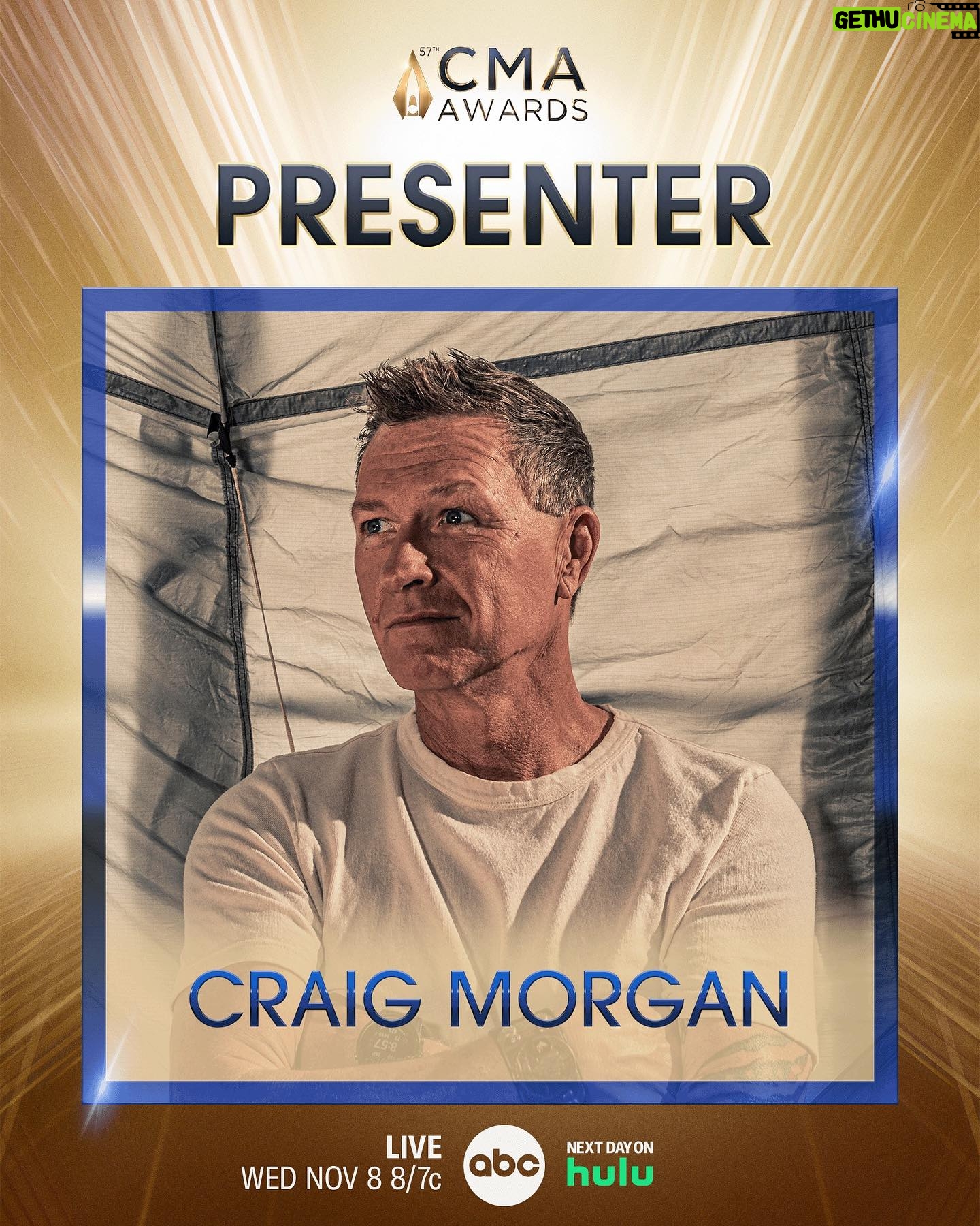 Craig Morgan - 0.9K Likes - This Wednesday, I’ll be in Nashville presenting on the #CMAawards stage!! Watch Country Music’s Biggest Night LIVE at 8/7c on ABC! Stream next day on Hulu.