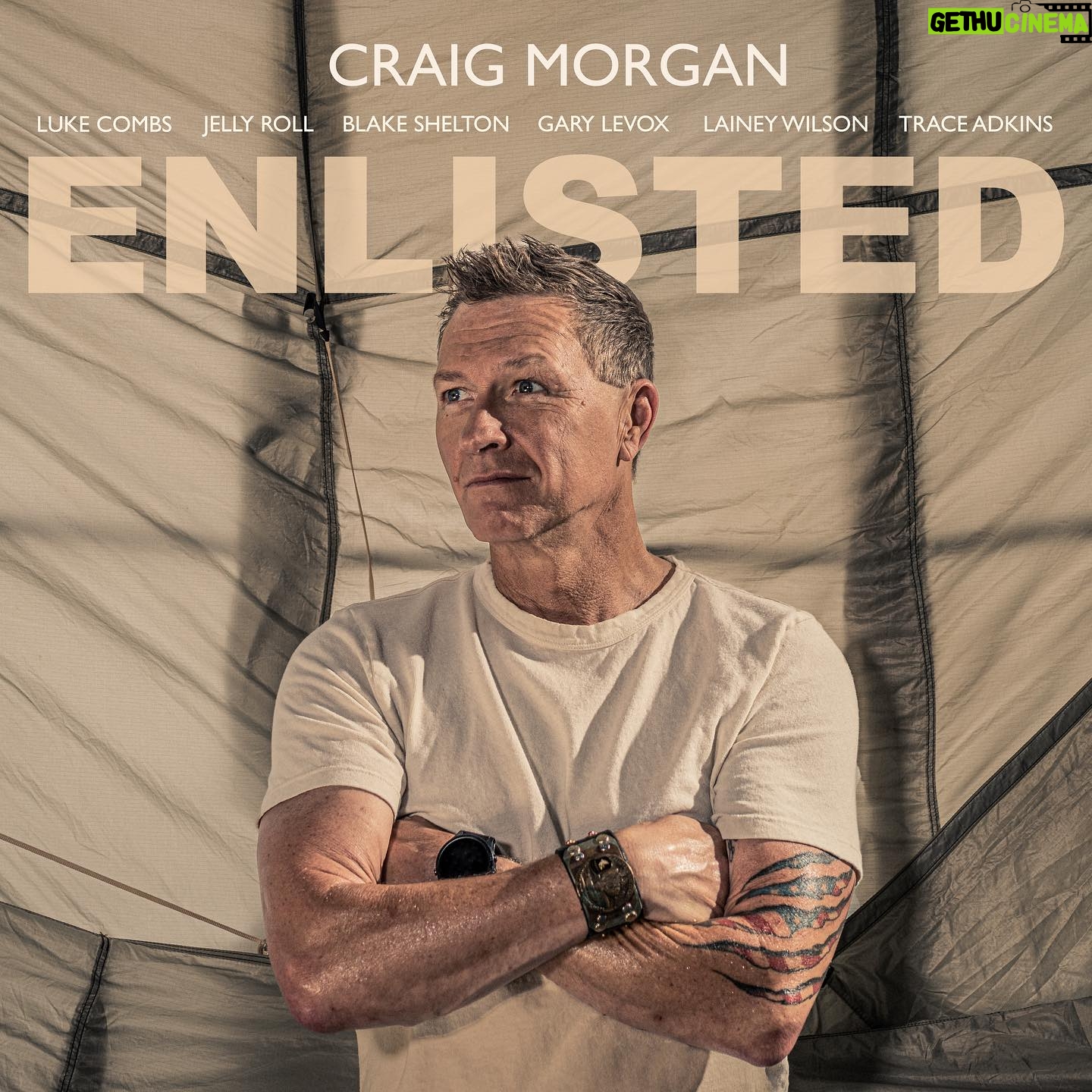 Craig Morgan - 4.9K Likes - The ‘Enlisted’ EP featuring @lukecombs, @jellyroll615, @blakeshelton, @garylevox, @laineywilson and @traceadkins will be available everywhere on October 20! I can’t wait for y’all to hear new versions of some of your favorites along with a couple new ones. Pre-save and pre-add now 🇺🇸
1. “Raise The Bar” featuring Luke Combs
2. “Almost Home” featuring Jelly Roll
3. “Redneck Yacht Club” featuring Blake Shelton
4. “That’s What I Love About Sunday” featuring Gary LeVox
5. “International Harvester” featuring Lainey Wilson
6. “That Ain’t Gonna Be Me” featuring Trace Adkins
