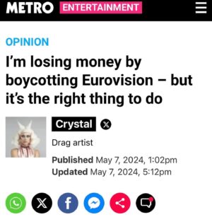 Crystal Instagram - New piece for @metro.co.uk on why I’m boycotting Eurovision and why you should too.

Link in stories. 

🍉🍉🍉

#opinion #boycott #eurovision #ollyalexander