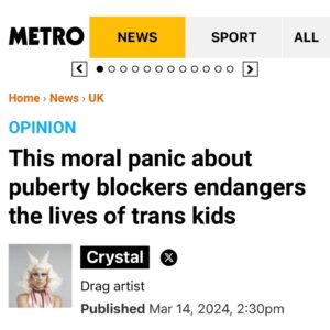 Crystal Instagram - New opinion piece for @metro.co.uk about moral panics, puberty blockers and why we need to listen to children. 

Link in stories and highlights 🏳️‍⚧️