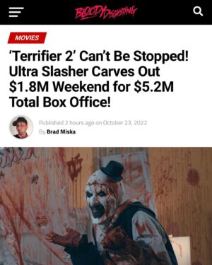 Damien Leone Instagram - Terrifier 2 breaks 5 million on its third weekend! 🤯🤡 we’ve made over 10x our budget. I can’t even begin to express how proud I am of everyone involved and how hard we worked on this beast. So proud of my cast and crew and very thankful for @cinedigm_ent @bdisgusting @iconiceventsnow and @screamboxtv for believing in the film and my vision! This is unprecedented and potentially game changing stuff. Indie filmmakers celebrate! 🎉🤡 #terrifier2 #5million #arttheclown #terrifier