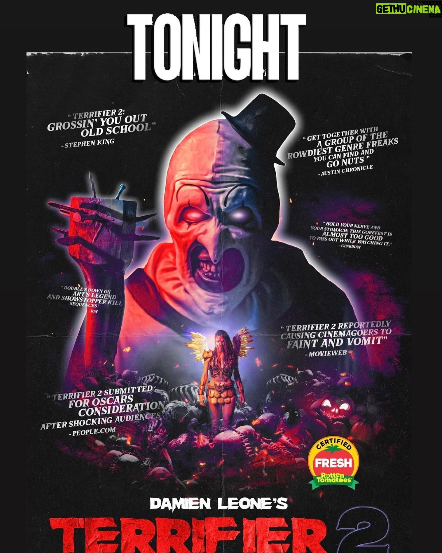 Damien Leone - 14.2K Likes - Terrifier 2 is back in theaters tonight!! Cannot wait for everyone to see the exclusive Terrifier 3 teaser that will play after the film! 🤡 🎄 Who’s going and who’s ready to barf?! 🤢 Ticket link in bio. #terrifier2 #rerelease #terrifier3 #terrifier #arttheclown