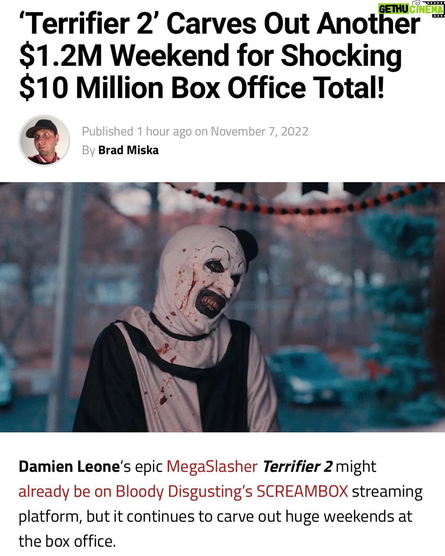 Damien Leone - 13K Likes - Proof that anything is possible if you’re persistent, put in the work, surround yourself with the right people and pursue your dreams ✨ Terrifier 2 passes 10 million at the box office 🙏🏻🚀🤡 #terrifier2 #10million #arttheclown #terrifier #megaslasher Article by @bradmiska at @bdisgusting 🤘🏻🔥