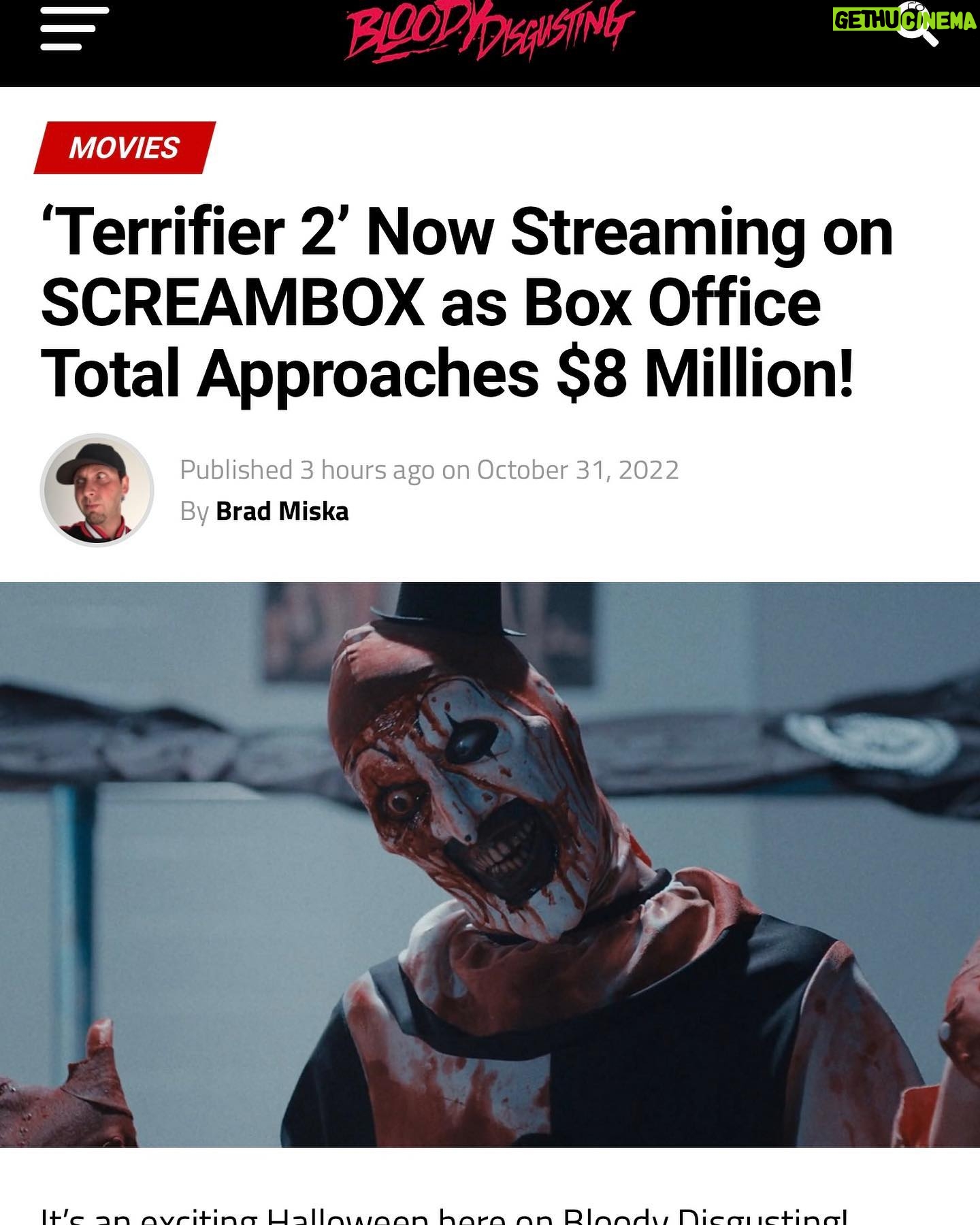 Damien Leone - 10.3K Likes - Happy Halloween!! 🎃🤡🔥 Terrifier 2 is now officially streaming on @screamboxtv and playing in theaters! 🎉 Thank you all for helping make this one of the greatest and most memorable Halloween seasons ever🤯 The love and support for Terrifier 2 over these past few weeks has been absolutely overwhelming. It’s so great to know the vast majority of you really loved the film and are now subscribing to screambox in record numbers. We hope you get to enjoy Terrifier 2 in the comfort of your home tonight with a big “severed head bowl” of Halloween candy! 😉#terrifier2 #terrifier #screambox #arttheclown #halloween #happyhalloween #trickortreat