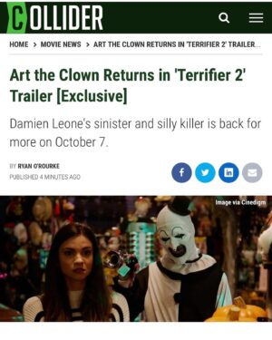 Damien Leone Instagram - Terrifier 2 trailer is officially here! Link in bio! 🤡🔥 #terrifier  #terrifier2 #arttheclown #artsback