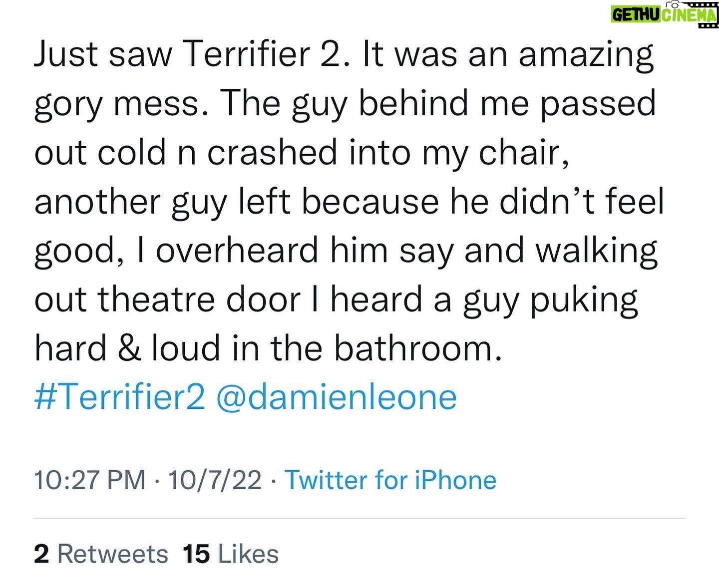 Damien Leone - 4.7K Likes - So apparently Terrifier 2 has made multiple people faint and vomit during screenings and I think I know the scene that’s responsible @caseyhartnett 😬 ummm I guess we did a pretty good job with those fx @pjfalcone 🤷🏼♂️ See for yourself! Terrifier 2 is still in theaters nationwide!! 🤡 please continue to support indie horror #itsonlyamovie #besafe #notforeveryone #bewarned #notforthefaintofheart #terrifier2 #terrifier #graphic #specialfx #terrifier #arttheclown