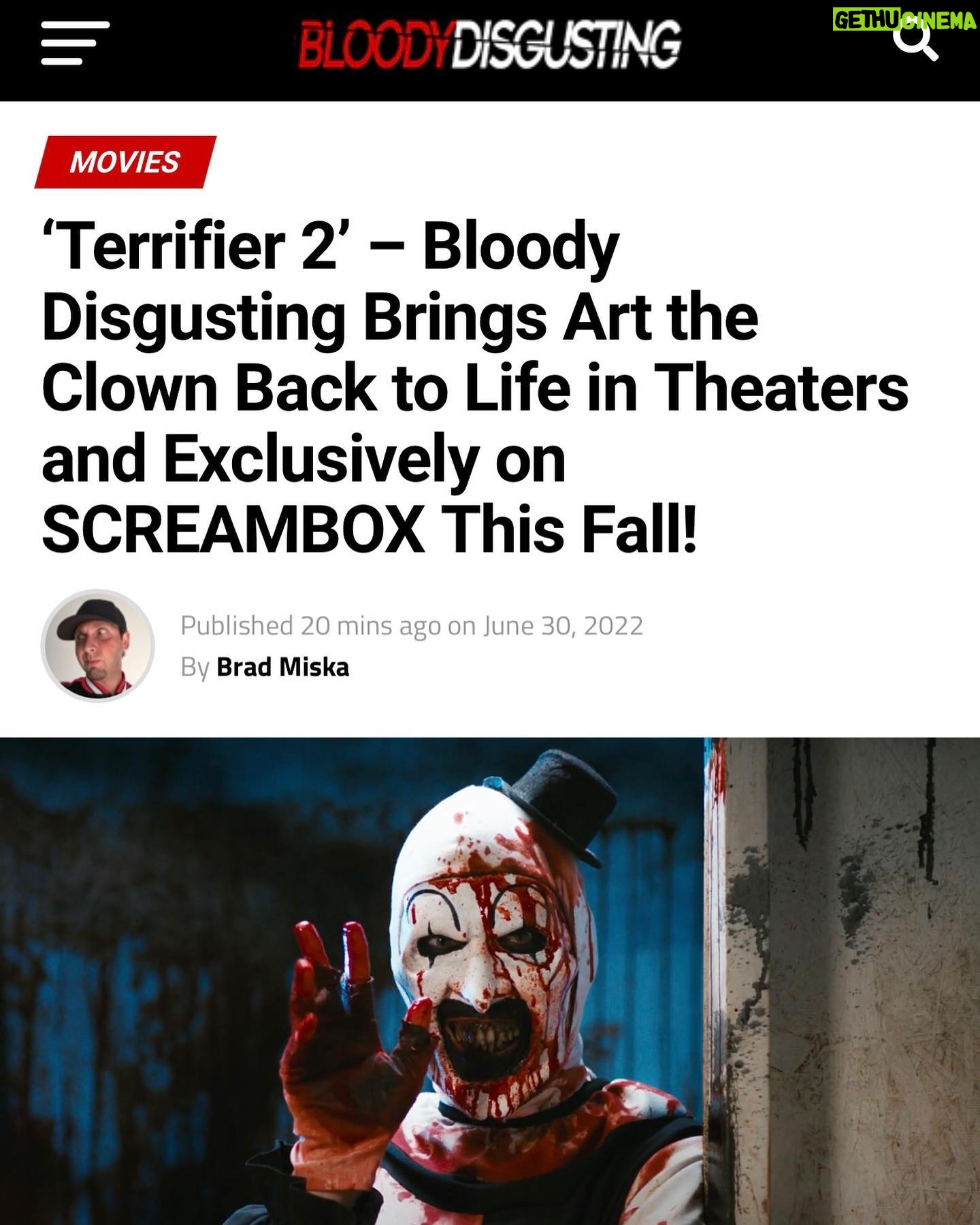 Damien Leone - 3.5K Likes - The wait is finally over!! Terrifier 2 is coming this Halloween 🎃 🤡🔥 @bdisgusting @screamboxtv #terrifier2 #terrifier #arttheclown #halloween2022 #screambox #bloodydisgusting #herewego
