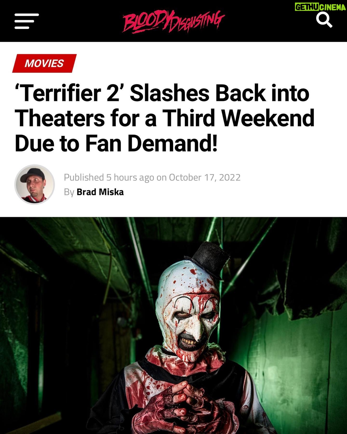 Damien Leone - 10.5K Likes - We did it again! 🤯🔥 Terrifier 2 extends into its 3rd weekend following another unprecedented turnout in week 2! You guys are seriously the best and we keep making history! Today was wild and probably the most overwhelming day thus far! The reports of people fainting and puking during the film have gone viral and we ended up on tons of news outlets and morning talk shows! 😊 Thank you all for turning up at the theaters! Now onto another successful weekend ahead! 🤡🍻🙏🏻✨ #terrifier2 #terrifier #arttheclown #week3