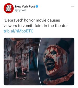 Damien Leone Instagram - Art makes the @nypost 🔥🤡 Word is spreading as moviegoers keep fainting 🤢🤡🤘🏻 See what many are calling the goriest movie they’ve EVER seen in theaters this weekend! 🙏🏻#terrifier2 #terrifier #extreme #faint #puke #notforthefainthearted
