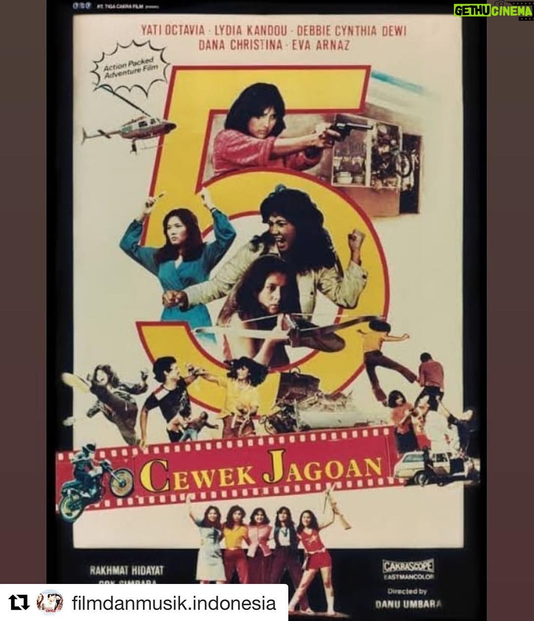 Dana Christina - 116 Likes - #Repost @filmdanmusik.indonesia with @get_repost
ć»ć»ć»
Film: "5 Cewek Jagoan"
Genre: Laga
Durasi: 91 Menit
Golongan: Dewasa
Produksi: PT. Tiga Cakra Film
Produser: Gobind Punjabi
Sutradara: Danu Umbara
Penulis: Danu Umbara
Pemain:
Yatie Octavia, Lydia Kandou Debbie Cynthia Dewi, Dana Christina, Eva Arnaz, Rakhmat Hidayat, Cok Simbara, Agust Melasz Dll.
Rilis: 1980
#5cewekjaogan
#yatioctavia
#lydiakandou
#debbiecyntiadewi
#danachristina
#evaarnaz
#filmindonesia
#filmnasional
#filmjadul
#banggafilmindonesia
@yatioctaviapangky
@lydiakandou_
@debbiecynthiadewi
@danachristinaofficial