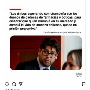 Daniel Jadue Instagram - Nuestra defensa, representada por Ramón Sepúlveda, no sólo ha sido contundente en los argumentos, también ha dejado al descubierto que quienes estarían felices con el castigo a las farmacias y ópticas populares que persigue la Fiscalía, son las grandes cadenas coludidas!
