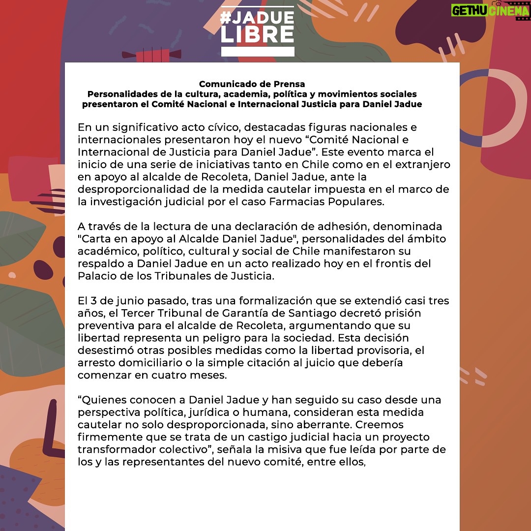 Daniel Jadue - 3.7K Likes - “Personalidades de la cultura, academia, política y movimientos sociales presentaron el Comité Nacional e Internacional Justicia para Daniel Jadue”.
Agradecemos a todas y todos quienes día a día se siguen sumando y entregando sus muestras de solidaridad en apoyo a la situación judicial que vive el Alcalde Jadue con el objetivo de buscar su pronta libertad #JadueLibre
Sigue todas la noticias e informaciones en www.danieljadue.cl