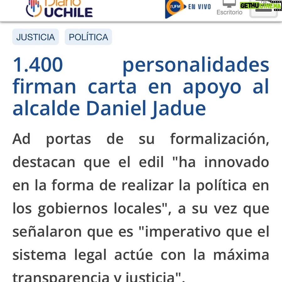 Daniel Jadue - 3K Likes - Muy agradecido de este apoyo! Al igual que las y los firmantes, espero que la justicia actúe con transparencia. Nuestro único delito ha sido administrar la Municipalidad desde una mirada innovadora y transformadora, en beneficio de la población! Link>>> https://radio.uchile.cl/2024/05/26/1-400-personalidades-firman-carta-en-apoyo-al-alcalde-daniel-jadue/