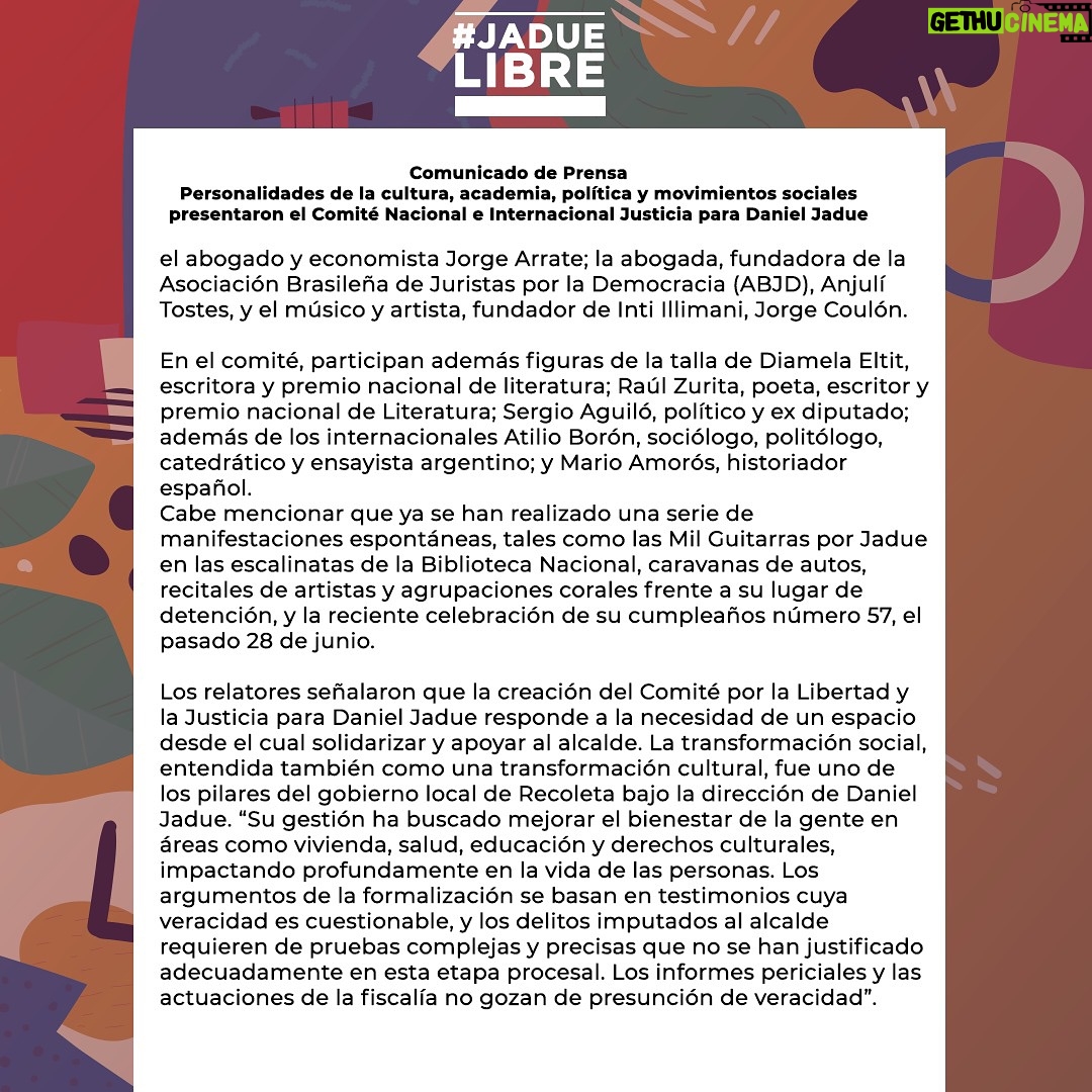 Daniel Jadue - 3.7K Likes - “Personalidades de la cultura, academia, política y movimientos sociales presentaron el Comité Nacional e Internacional Justicia para Daniel Jadue”.
Agradecemos a todas y todos quienes día a día se siguen sumando y entregando sus muestras de solidaridad en apoyo a la situación judicial que vive el Alcalde Jadue con el objetivo de buscar su pronta libertad #JadueLibre
Sigue todas la noticias e informaciones en www.danieljadue.cl