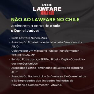 Daniel Jadue Instagram - NÃO AO LAWFARE NO CHILE
Carta de Apoio a Daniel Jadue
 
A guerra judicial, ou Lawfare, é uma prática que assola projetos emancipatórios e coloca no centro a transformação do neoliberalismo que empobrece e violenta os povos.  As elites nacionais, regionais e globais, e defensoras dos interesses do capital financeiro internacional, passaram anos lutando contra políticas sociais destinadas a erradicar a pobreza e reduzir profundas desigualdades sociais, usando suas defesas corporativas como pretexto para atacar projetos e líderes legitimamente eleitos pelo voto popular. 

(...)

Vemos com preocupação a perseguição midiática, judicial e política de Daniel Jadue, sobretudo pelo que ele representa: um projeto de democratização e protagonismo popular que melhorou substancialmente a vida de milhares de famílias chilenas, gerando uma referência nacional e internacional no que respeita aos governos locais.

Face ao exposto, tornamos público o nosso apelo a toda a comunidade internacional, aos movimentos sociais, às militâncias populares e a todos os democratas do mundo, para que acusem o recebimento deste alerta democrático e impeçam o caminho da proscrição, não apenas das lideranças políticas, mas do Estado de Direito.

Carta traduzida para o Português.
...............................

Essa é a carta para pessoas físicas assinarem: https://docs.google.com/forms/d/e/1FAIpQLSfIYqLXKF_R1rr_RpUvoIWL0QLSWZutB1sKWSdjQ3ztqLVgcg/viewform 

#LawfareNuncaMais #Chile #DanielJadue #Jadue #Recoleta #Justiça #nãoaolawfarenochile