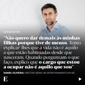 Daniel Oliveira Instagram - A infância foi dura e os avós e a tia foram as peças de xadrez fundamentais no crescimento de uma criança que viu e viveu muita coisa. O jornal que criou aos 16 anos ajudou-o a “detalhar e escrever aquilo que sentia”. Entrou para a SIC ainda adolescente. Subiu de degrau em degrau e hoje Daniel Oliveira é Diretor-Geral de Entretenimento e Diretor de Programas da estação.

No podcast ‘Geração 80’, o convidado de Francisco Pedro Balsemão recorda a infância dura que teve e cada etapa que alcançou até chegar aqui. Ouça nas plataformas habituais e em expresso.pt/podcasts — siga pelo link na bio.

📷 José Fernandes/Expresso

#danieloliveira #sic #geracao80 #podcast