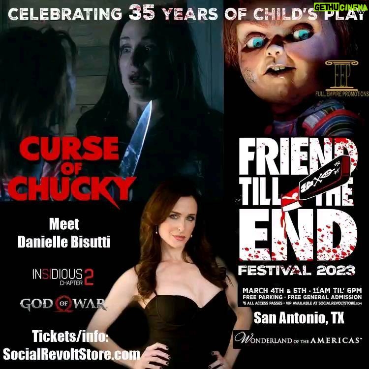 Danielle Bisutti - 807 Likes - Calling all Chucky fans to “FRIEND TILL THE END FESTIVAL” in San Antonio, TX March 4-5! I’ll be joining my fellow #Chucky friends Alex Vincent & Christine Elise. This #convention confirms that #BARBLIVES 🔪 👁️ 🩸 ♥️ Who wants to play? #HorrorCommunity #horrormovies #horror #daniellebisutti #festival