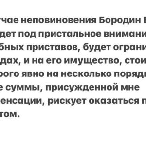 Danila Kozlovsky Instagram - Вчера суд РФ повторно встал на мою строну в иске на г-на Бородина о защите чести и достоинства, с которым я обратился в суд в апреле 2023 года. 

Итак. 
Суд постановил: 
 1. Признать несоответствующими действительности и порочащими мои честь, достоинство и деловую репутацию сведения, распространяемые Бородиным В. Н. в своем телеграм-канале обо мне, включая мои, якобы, призывы к митингам и протестам, и все прочие лживые и провокационные заявления.
2.Возложить на Бородина В.Н. обязанность удалить из своего телеграм-канала лживые заявления обо мне, а также выпустить опровержение путем опубликования в своем официальном телеграм-канале решение суда под заголовком «Опровержение» с публикацией о том, что эти сведения признаны судом несоответствующими действительности и порочащими мои честь, достоинство и деловую репутацию.
3. Выплатить мне 1 (один) рубль в качестве моральной компенсации. Продолжение в карусели👆