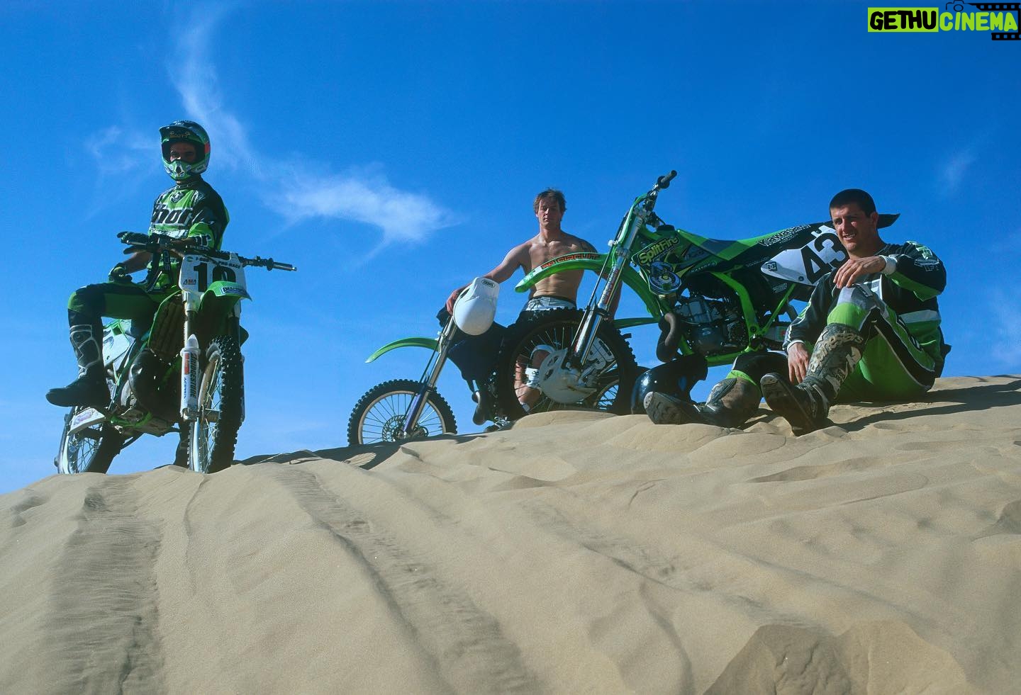 Danny Way - 3.5K Likes - @kblock43 @rynoglobal and I out at #glamis for a @dcshoes photoshoot in the mid 90s . Ken and I starting living together in the early 90s and we both got really into riding and racing motocross. Early on we became really good friends with @rynoglobal and we would always find ourselves trying to keep up with the level of jump magnitude we were witnessing/caught up in. I know Ken and I had no business jumping the distances we did but when your riding sand dunes with a guy as crazy and talented as Ryan you better be careful, looks fun flying from one mountain dune to another like Ryno but one mistake and it’s a wrap. This was the end such an amazing day of riding and I will never forget how much fun we had together. I remember we were so happy that none of us got really hurt. Couple minor crashes but no trips to the hospital is a win in this game 🙏 @photoballard #43forever