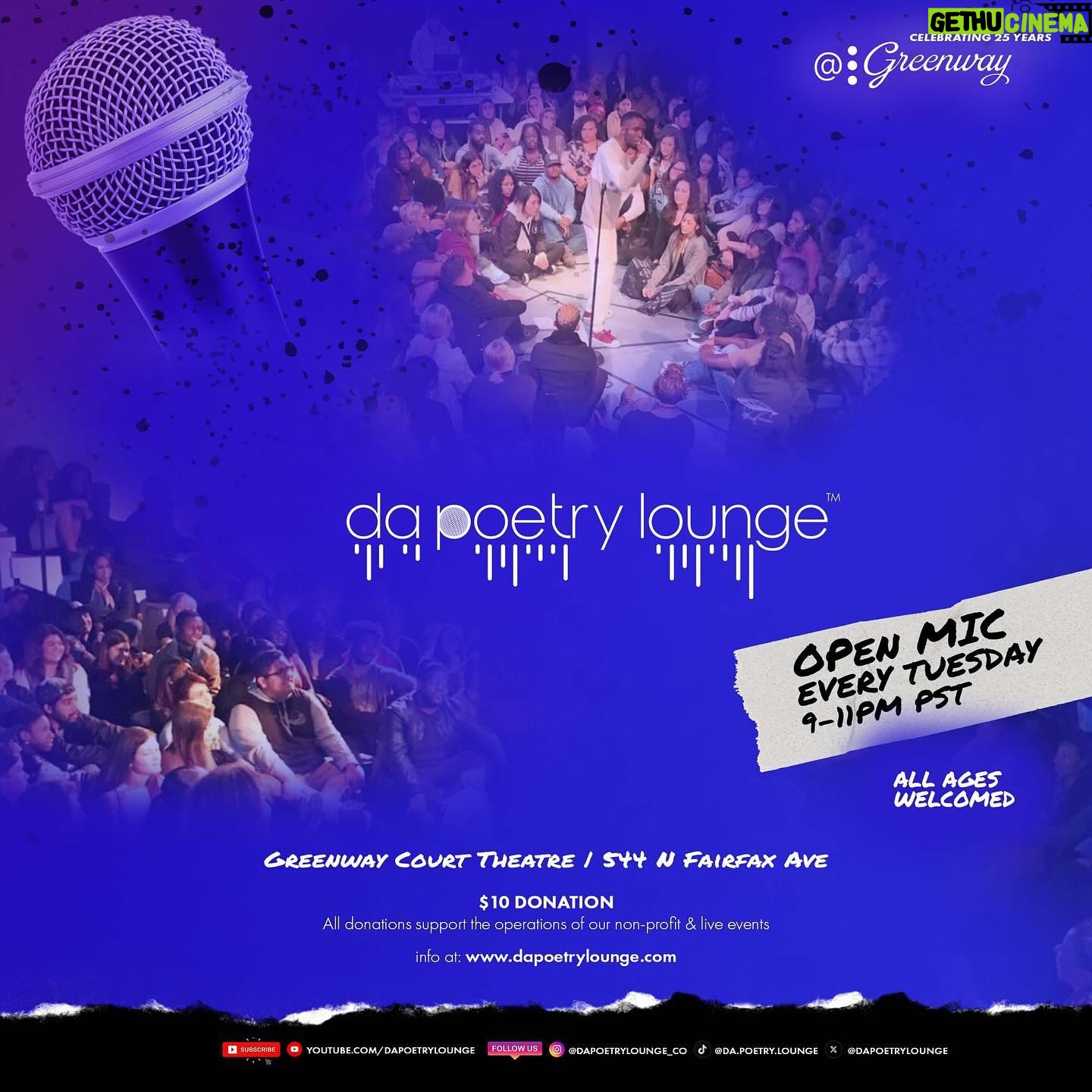 Dante Basco - 2.1K Likes - Open Mic hosted by DPL’s Founders TOMORROW NIGHT 🔥
We’re celebrating 26 YEARS! Come through and celebrate with us.
DPL welcomes all with open arms, offering walk-up entry to the stage, cozy seating on pillows and rugs until capacity is reached.
After all, Da Poetry Lounge began in a living room! From its origins in a living room, Da Poetry Lounge embodies inclusivity and warmth, inviting guests to immerse themselves in the magic of poetry and performance, celebrating the power of expression and human connection.
Pre-Sale Green Seats at the 🔗 in bio!