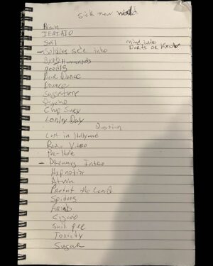 Daron Malakian Instagram - “When I’m putting together a setlist I always write it out on a note pad. I probably have a bunch of setlists on various pads that I’ve written throughout the years. This is the @SickNewWorld handwritten setlist. Couldn’t decide between #Know or #Darts. Went with Darts per @ShavoOdadjian’s request, and later added #Forest before #ProtectTheLand per our manager @Beno03’s request.” - @DaronMalakian