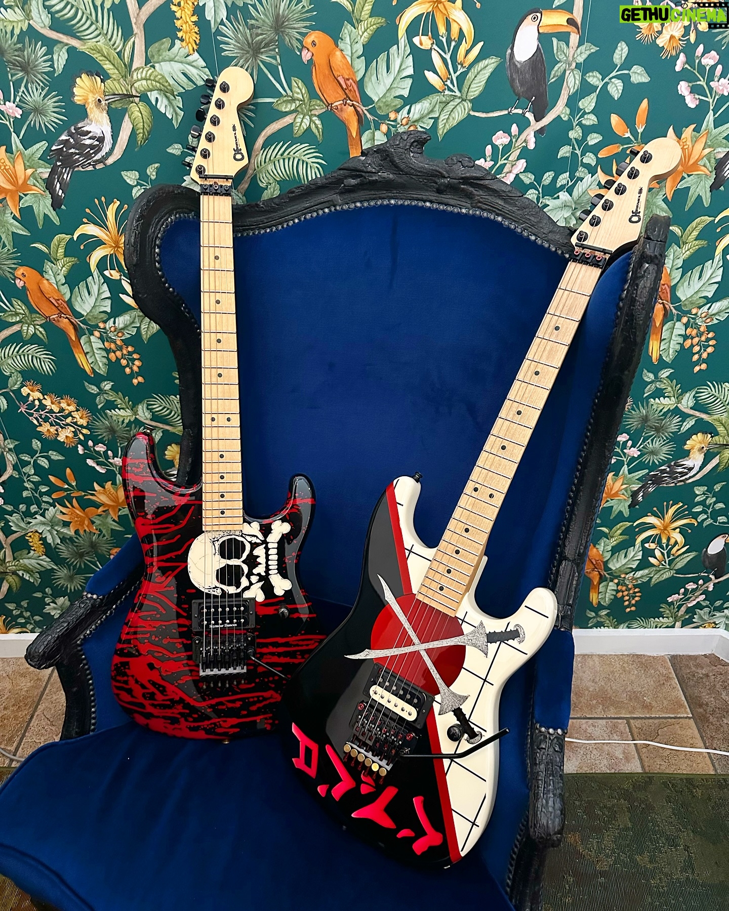 Dave Hill - 727 Likes - Gratuitous photo of my buddy @thebeaujour’s @charvelusa Warrren Demartini skull guitar and my @charvelusa Warren Demartini swords guitar. Which is cooler?! #axelords